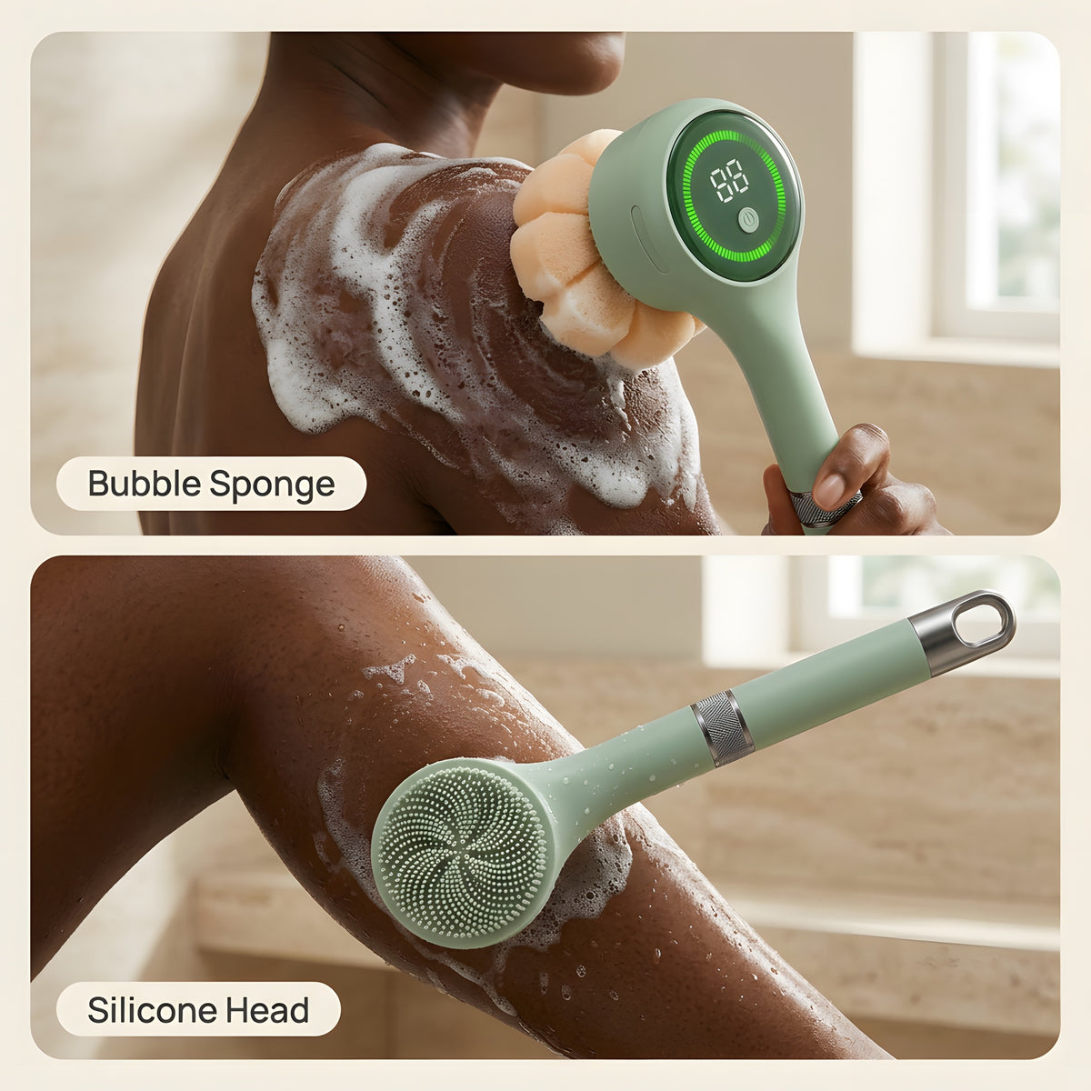 Bubble sponge head lathering a shoulder and silicone head washing an arm with the electric scrubber