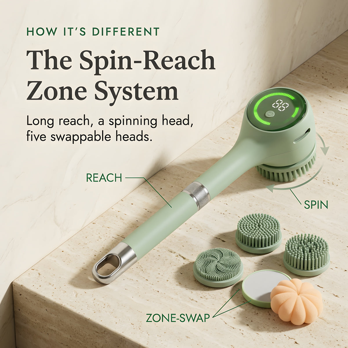 Electric body scrubber on a stone ledge with its five heads, labelled reach, spin and zone-swap
