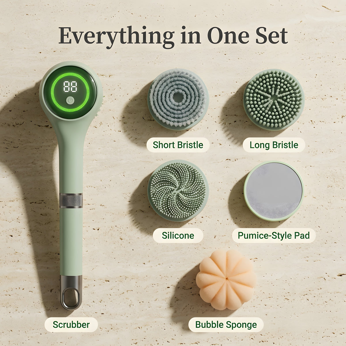Electric body scrubber laid out with its five interchangeable heads: short bristle, long bristle, silicone, pumice-style pad and bubble sponge
