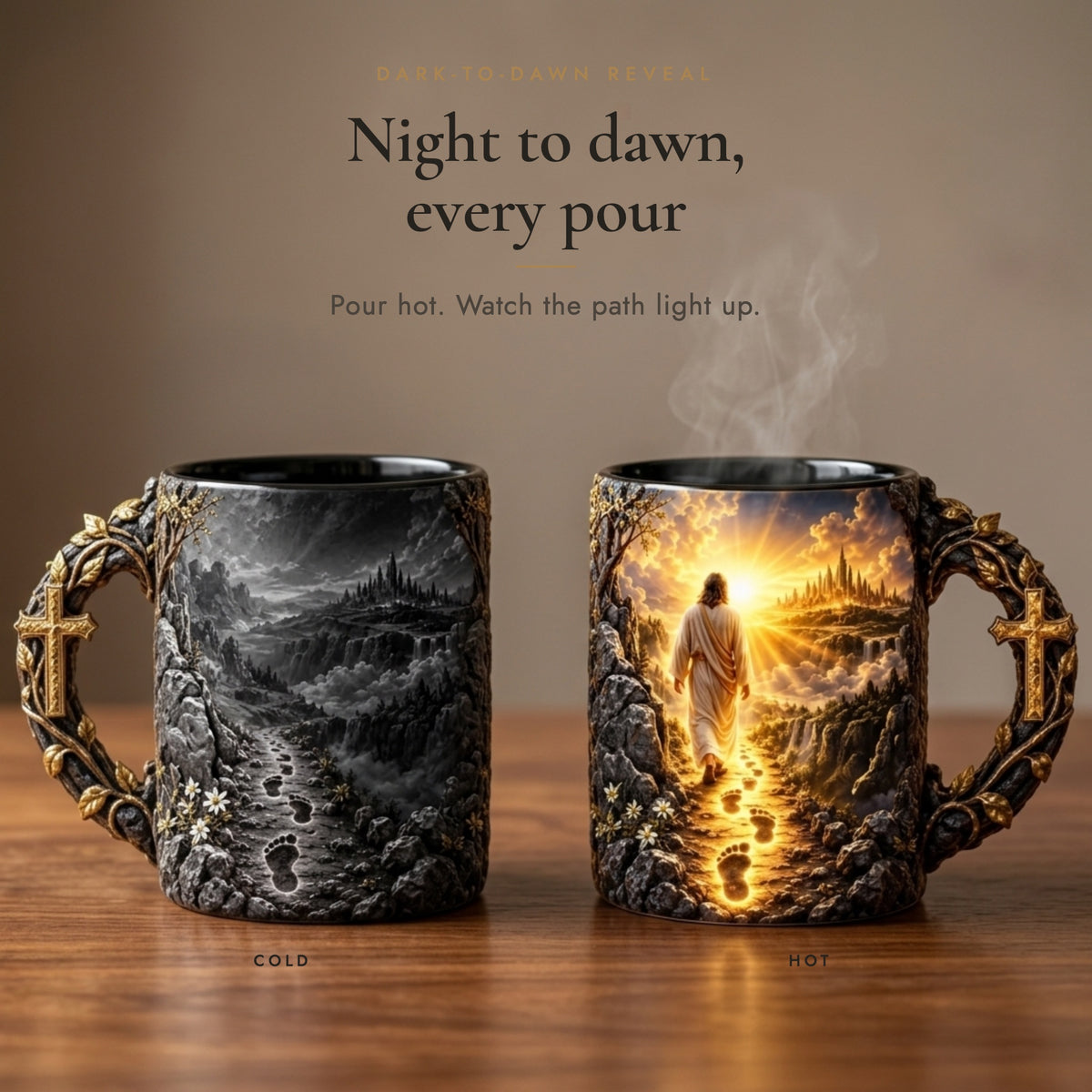 Cold and hot Footprints of Grace mugs side by side: grey night path before, golden sunrise after a hot drink
