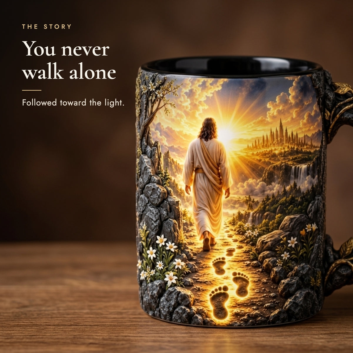 Close-up of the revealed scene: Jesus walking ahead on a path of glowing footprints toward a distant city