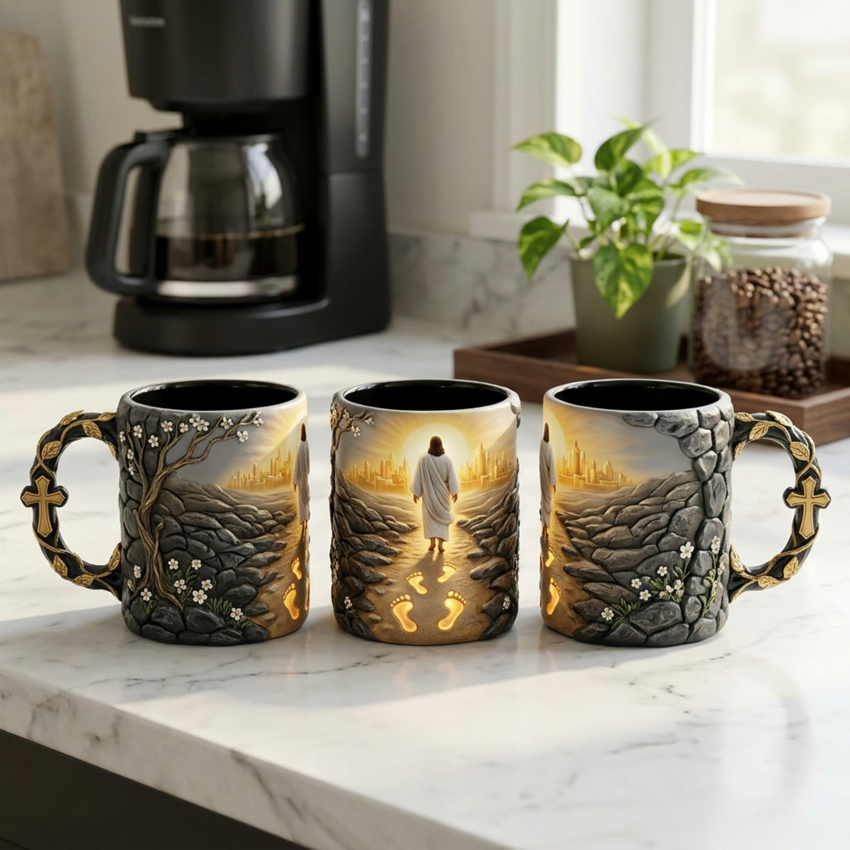 Three Footprints of Grace mugs on a family coffee bar