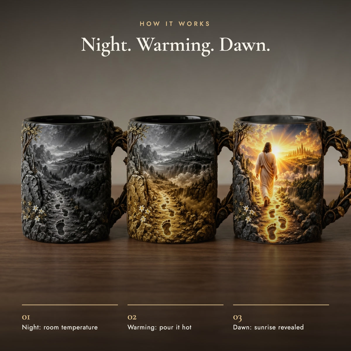 How the heat-reveal works in three stages: night at room temperature, warming, full dawn scene