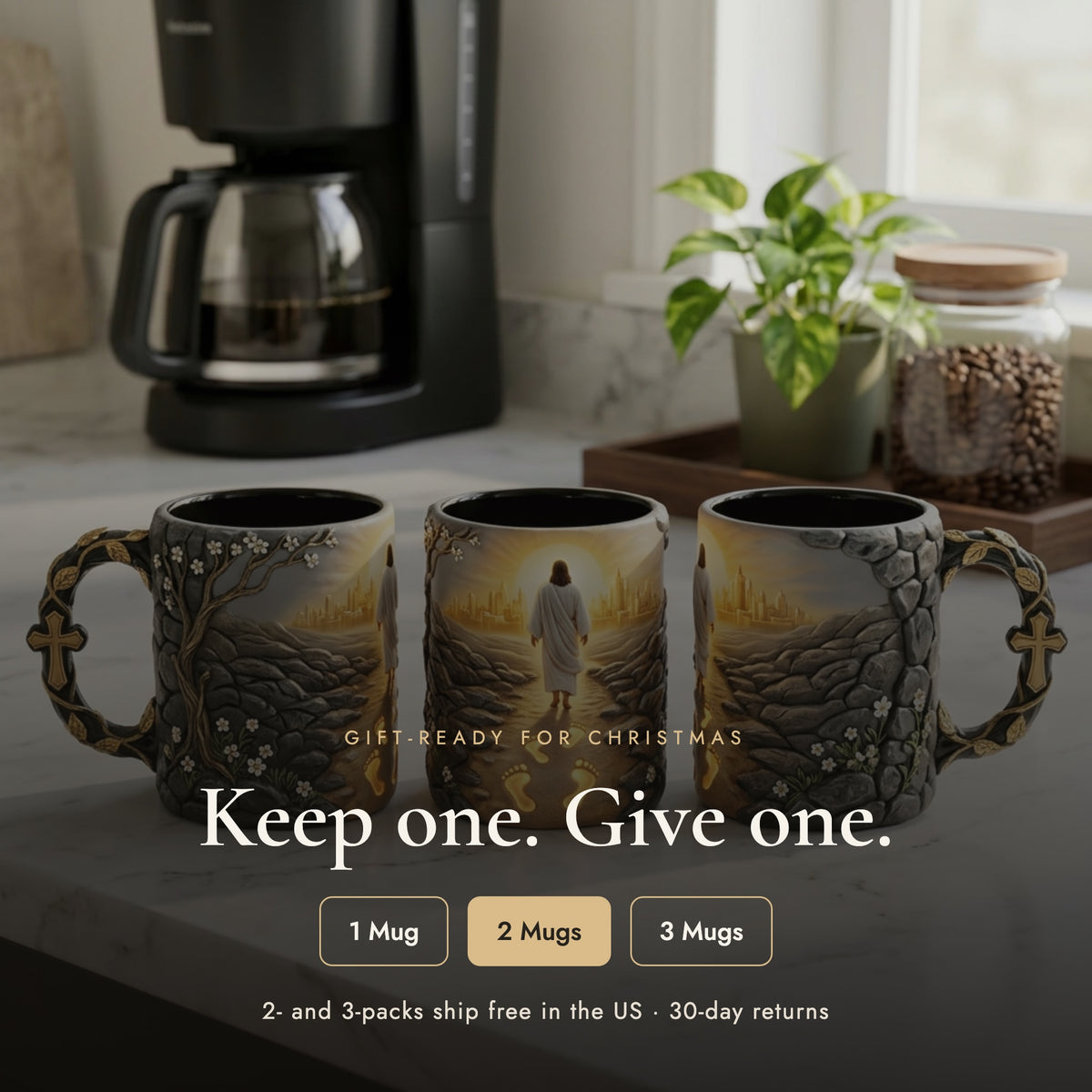Keep one, give one: choose 1, 2 or 3 Footprints of Grace mugs; 2- and 3-packs ship free in the US