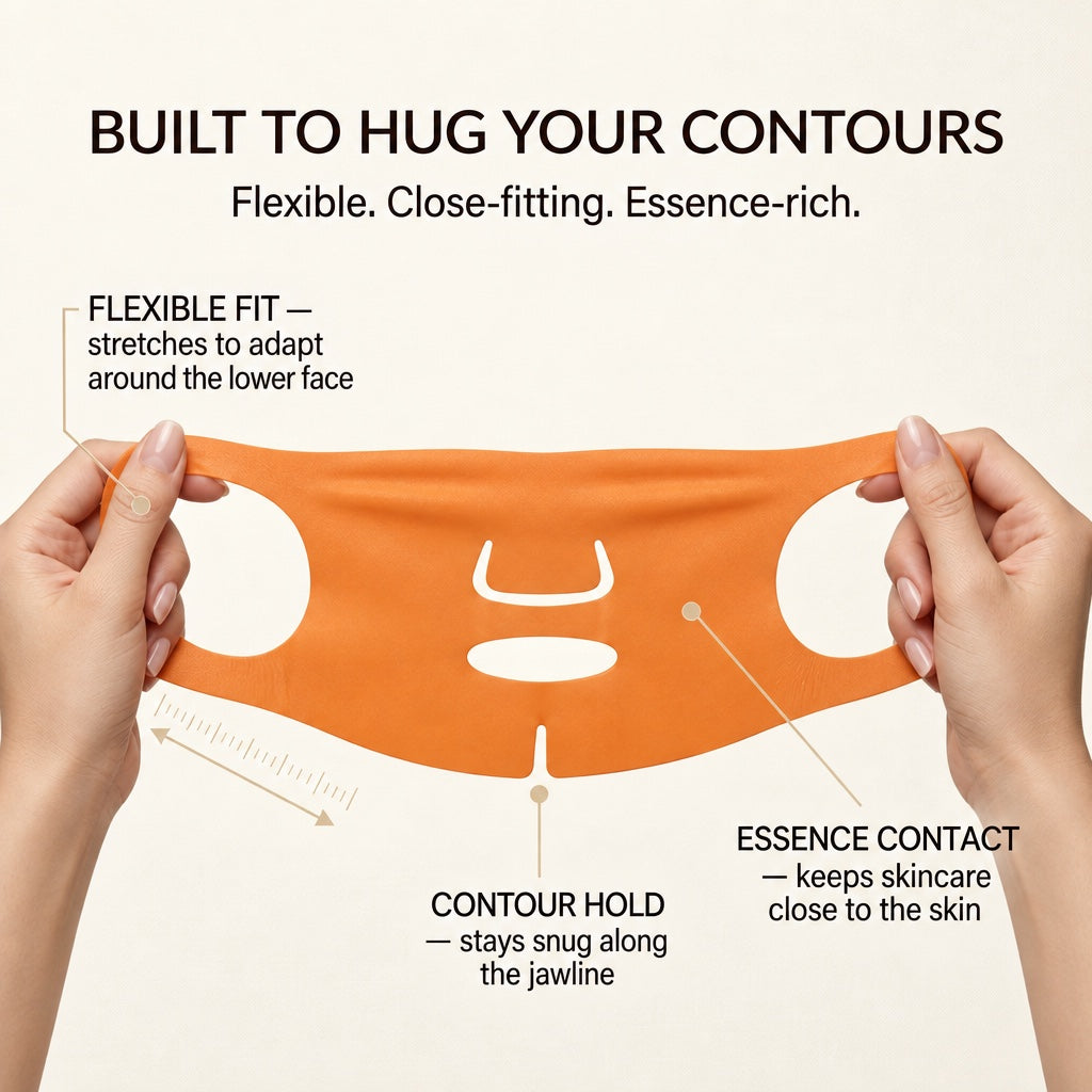 Two hands stretching the orange Auresti contour mask to show its nose cut-out, mouth opening, chin slit and ear-loop holes