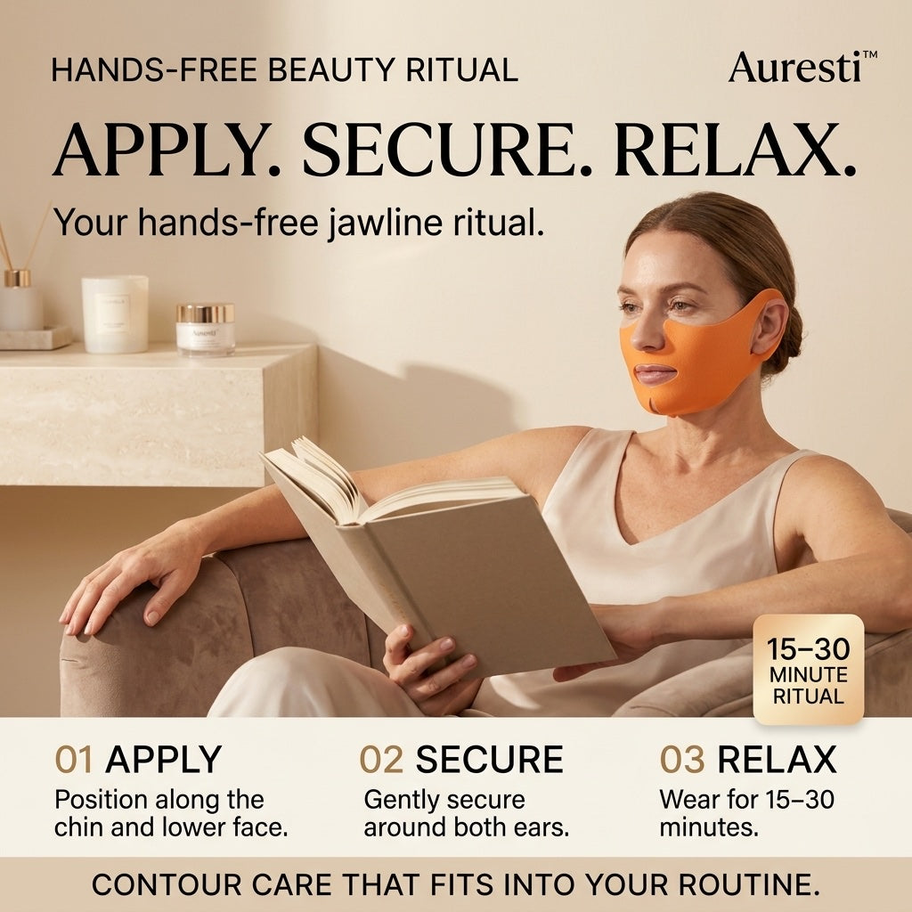 Woman reading a book on an armchair while wearing the Auresti mask hands-free, with apply, secure, relax steps