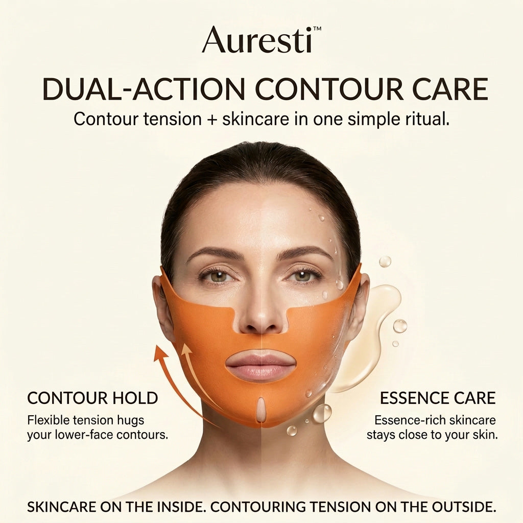 Front view of a woman wearing the mask, diagram labeling contour hold on one side and essence care on the other
