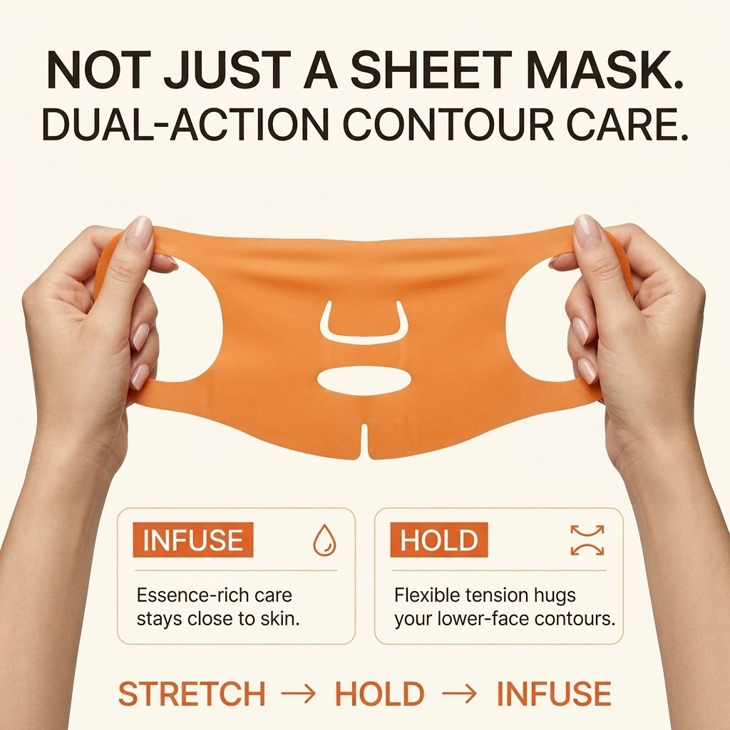 Hands stretching the flexible orange mask above two panels describing the infuse and hold steps