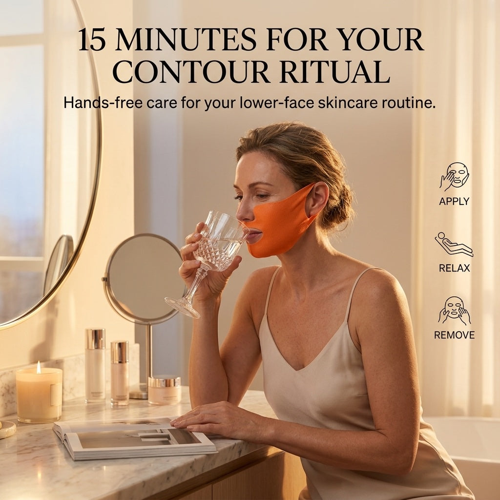 Woman at a bathroom vanity sipping water while wearing the orange contour mask during a 15-minute routine