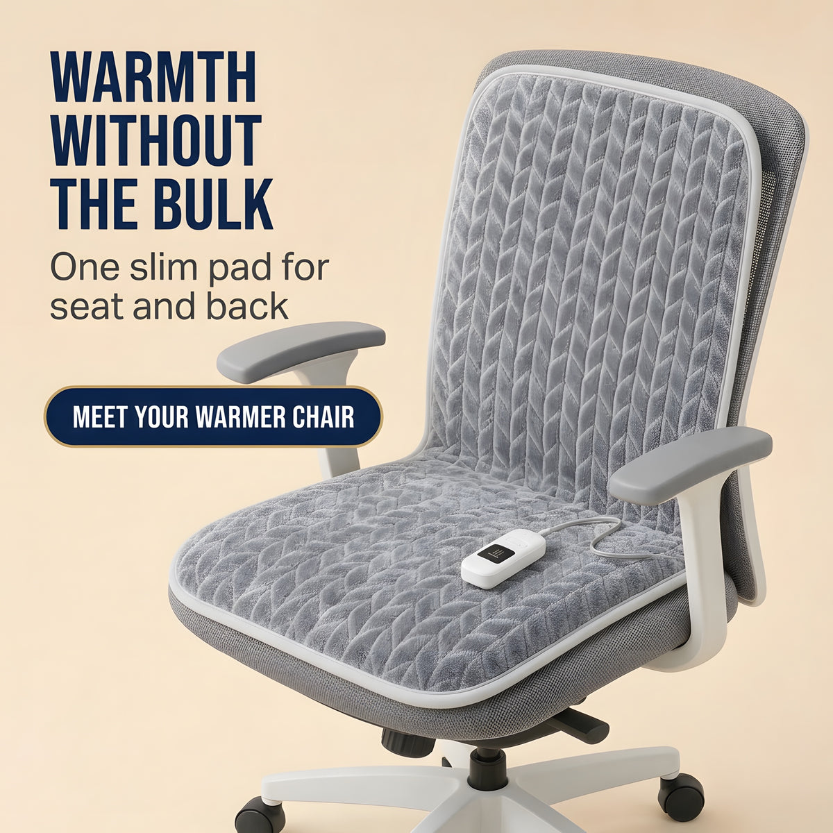 Slim grey heated office chair pad covering the seat and backrest of an office chair, with small white wired remote