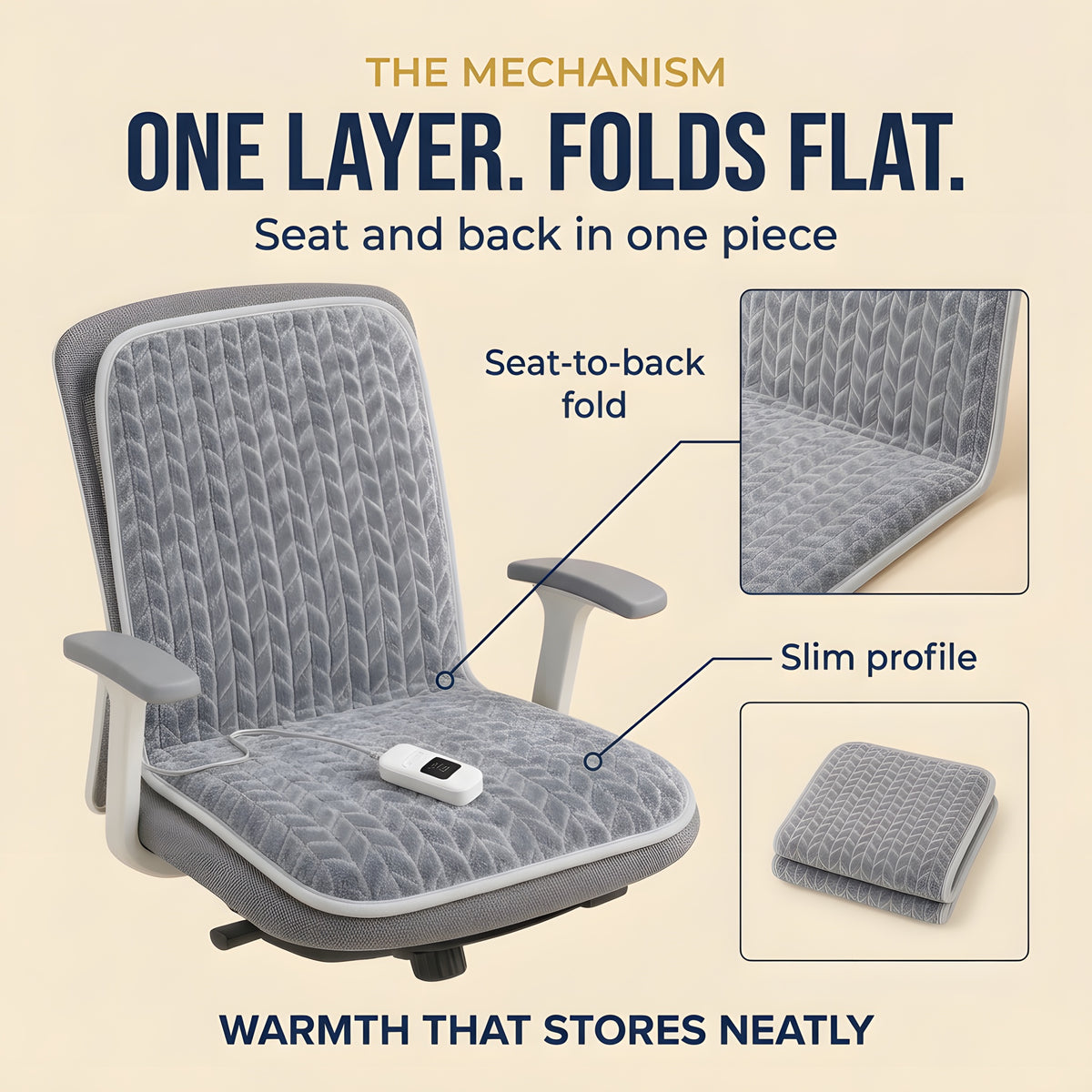 One-piece slim heated pad for seat and back that folds flat at the seat-to-back join