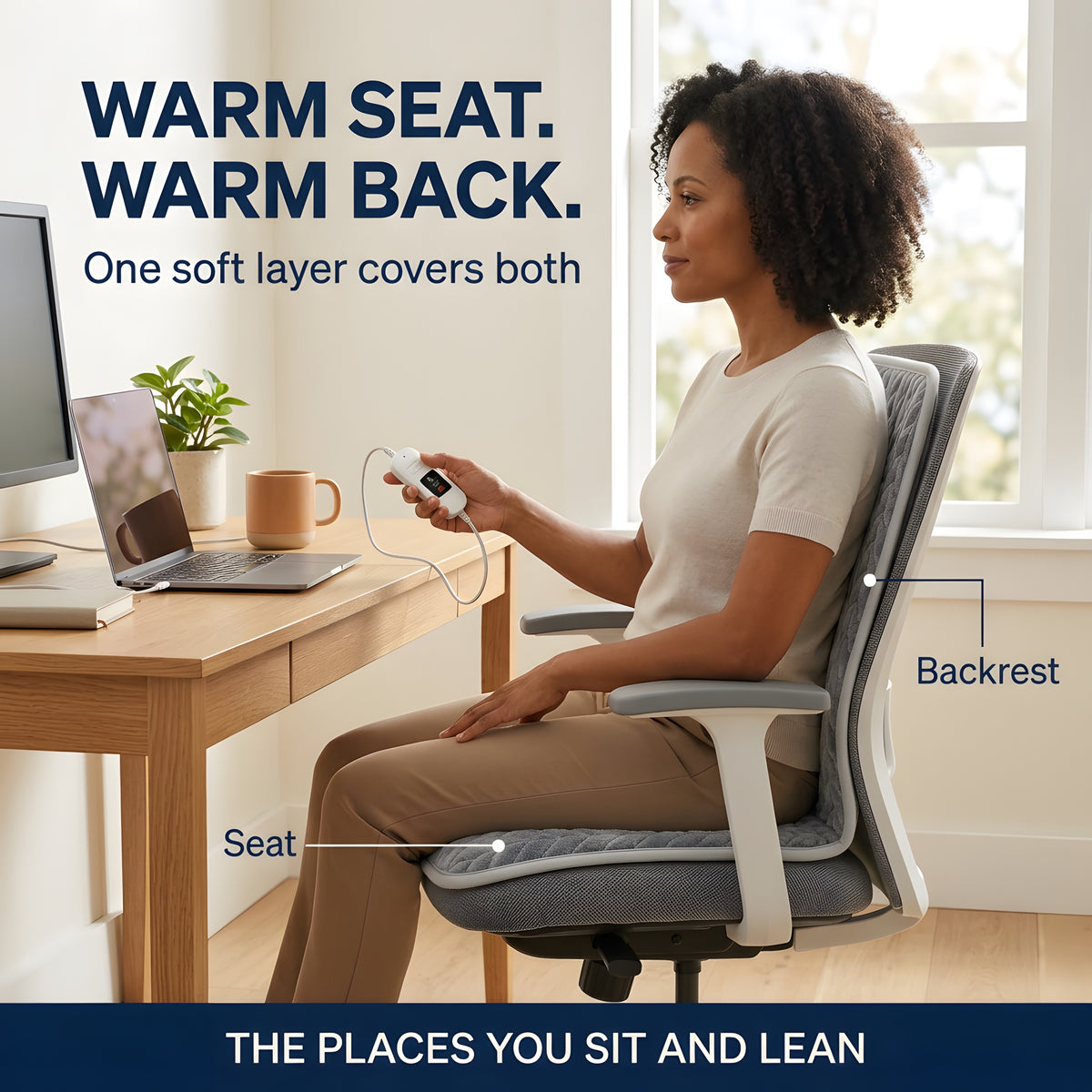 Woman at a home desk sitting on a slim heated chair pad that covers both seat and backrest