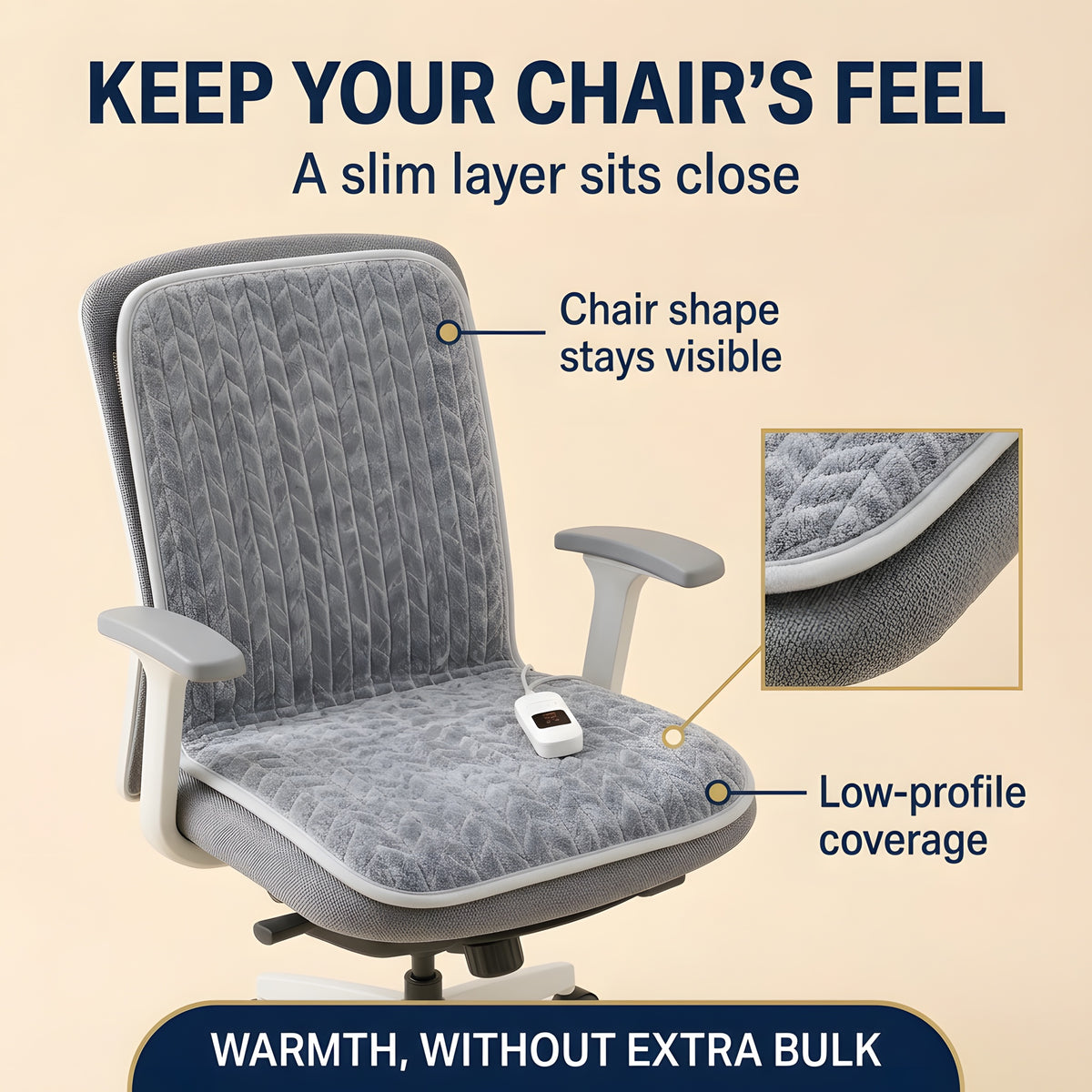Thin heated chair pad lying close to an office chair so the chair shape stays visible