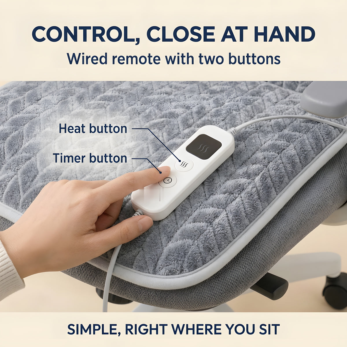 Hand pressing the heat button on the white wired remote of a slim heated chair pad