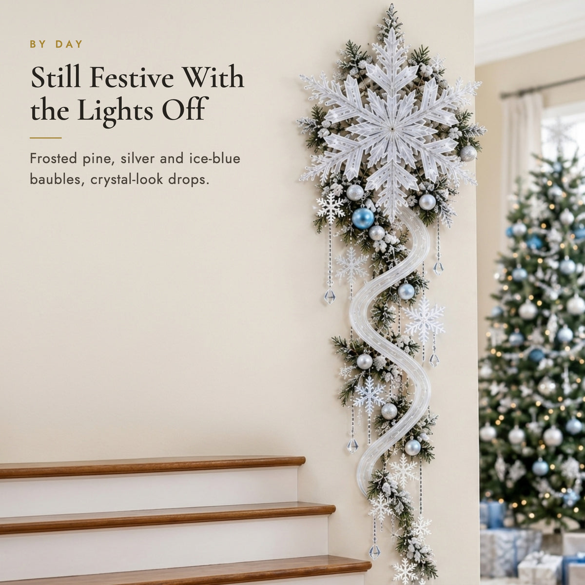 Snowfall Cascade with lights off in daylight, showing frosted pine, baubles and crystal-look drops