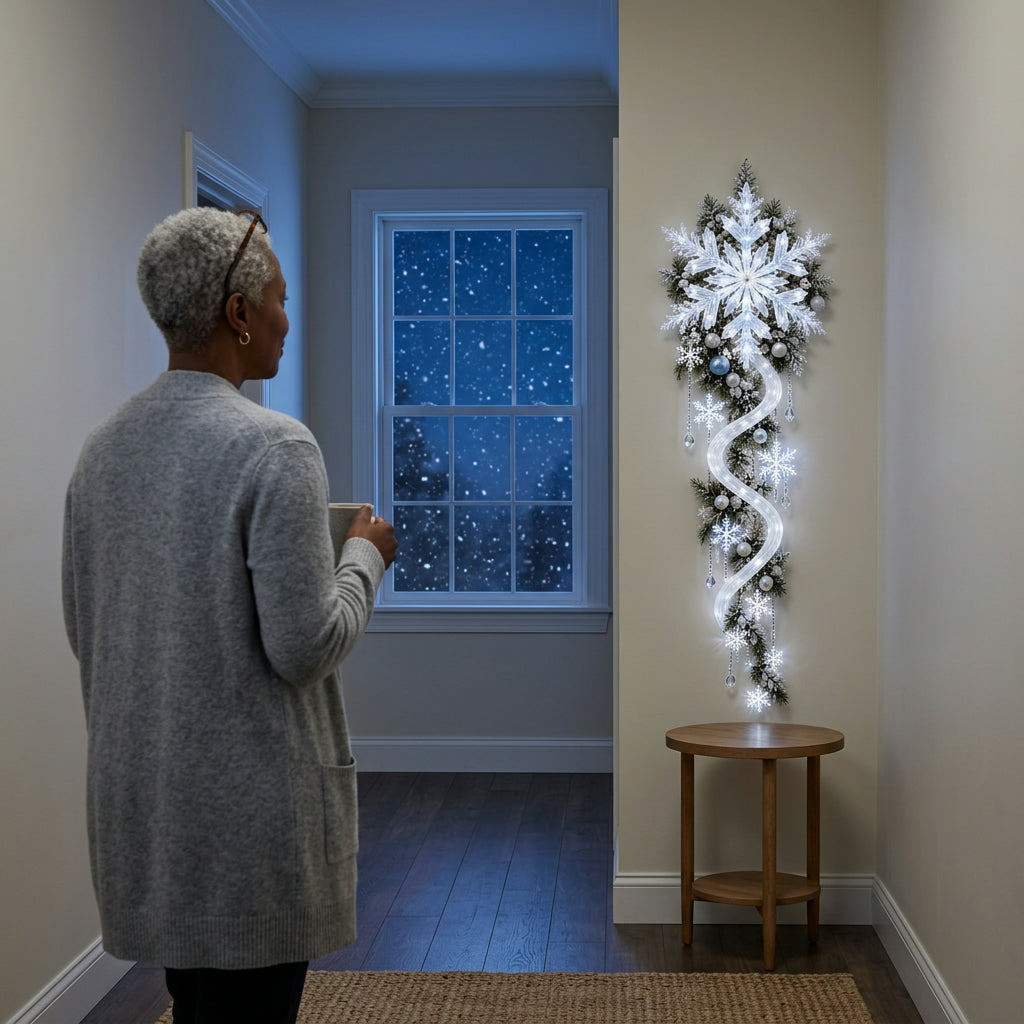 Woman with a mug passing the lit snowflake cascade at the end of a hallway at blue hour