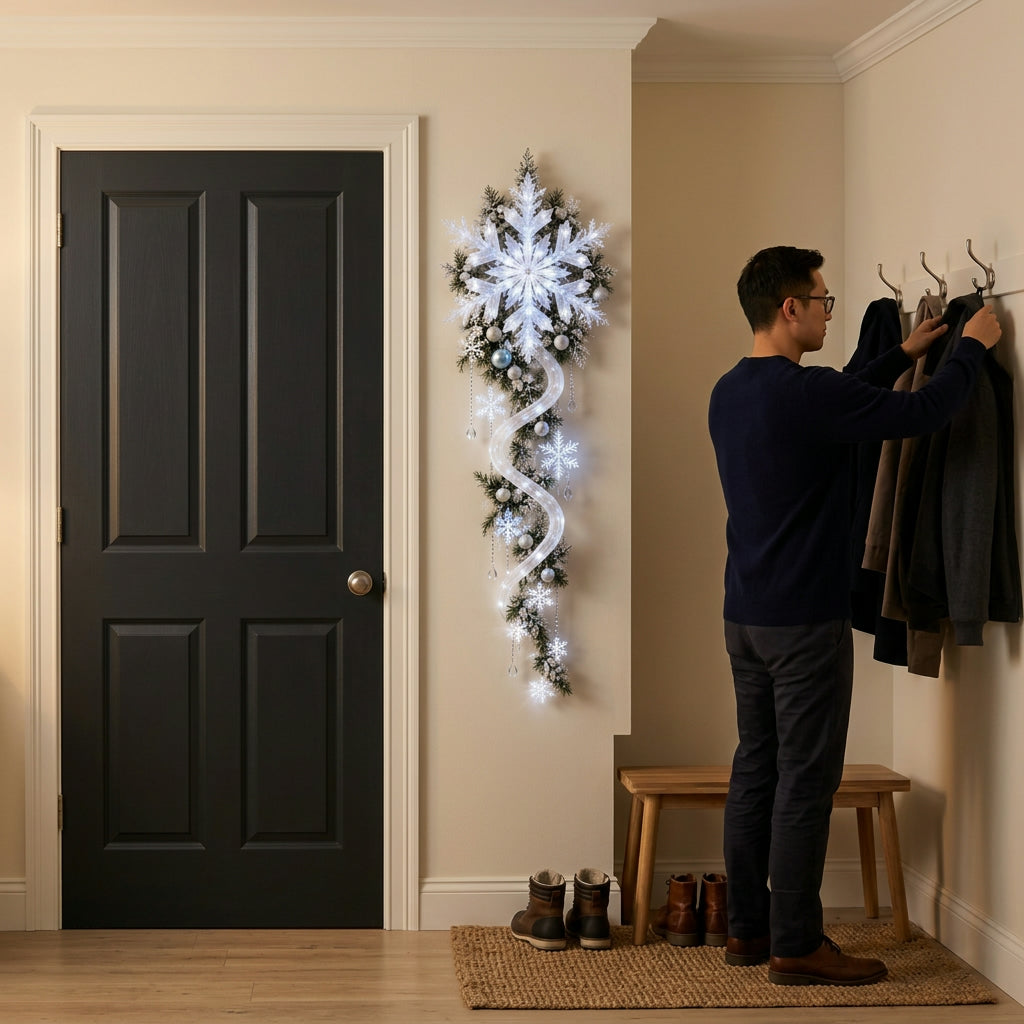 Man hanging his coat in an entryway beside the lit snowflake wall decor next to the front door