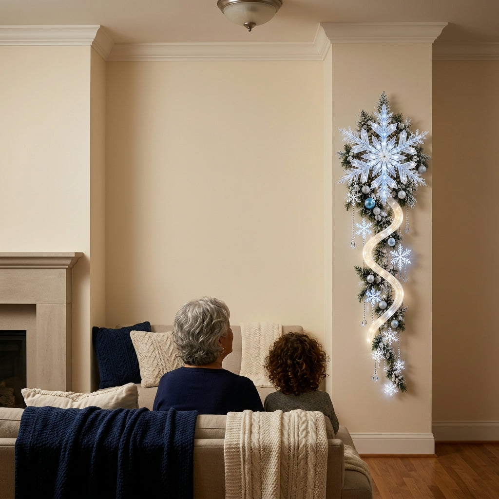 Grandmother and child on a sofa looking up at the glowing snowflake cascade by the fireplace wall