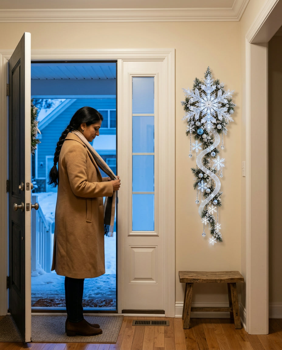 Woman in a camel coat unwinding her scarf by the front door beside the lit snowflake wall decor