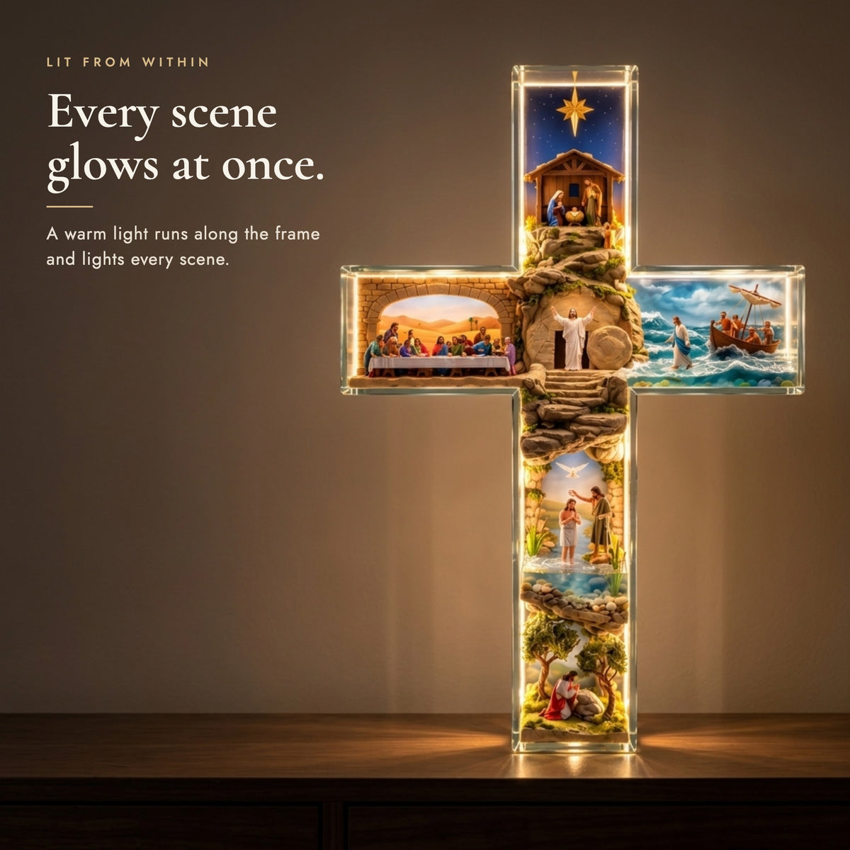 Close view of the cross lit from within, warm light along the inner frame edges