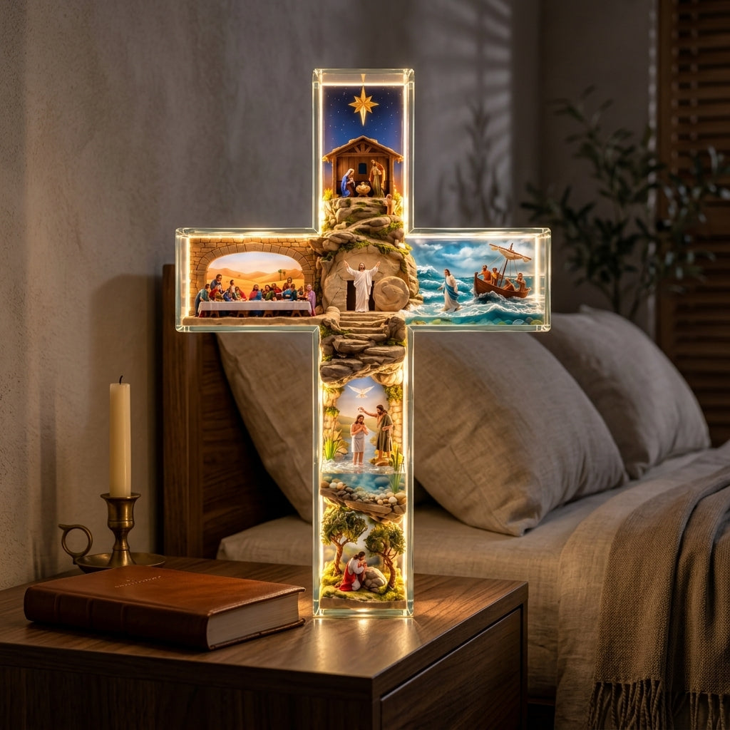 Light-up cross glowing on a bedside table in the evening