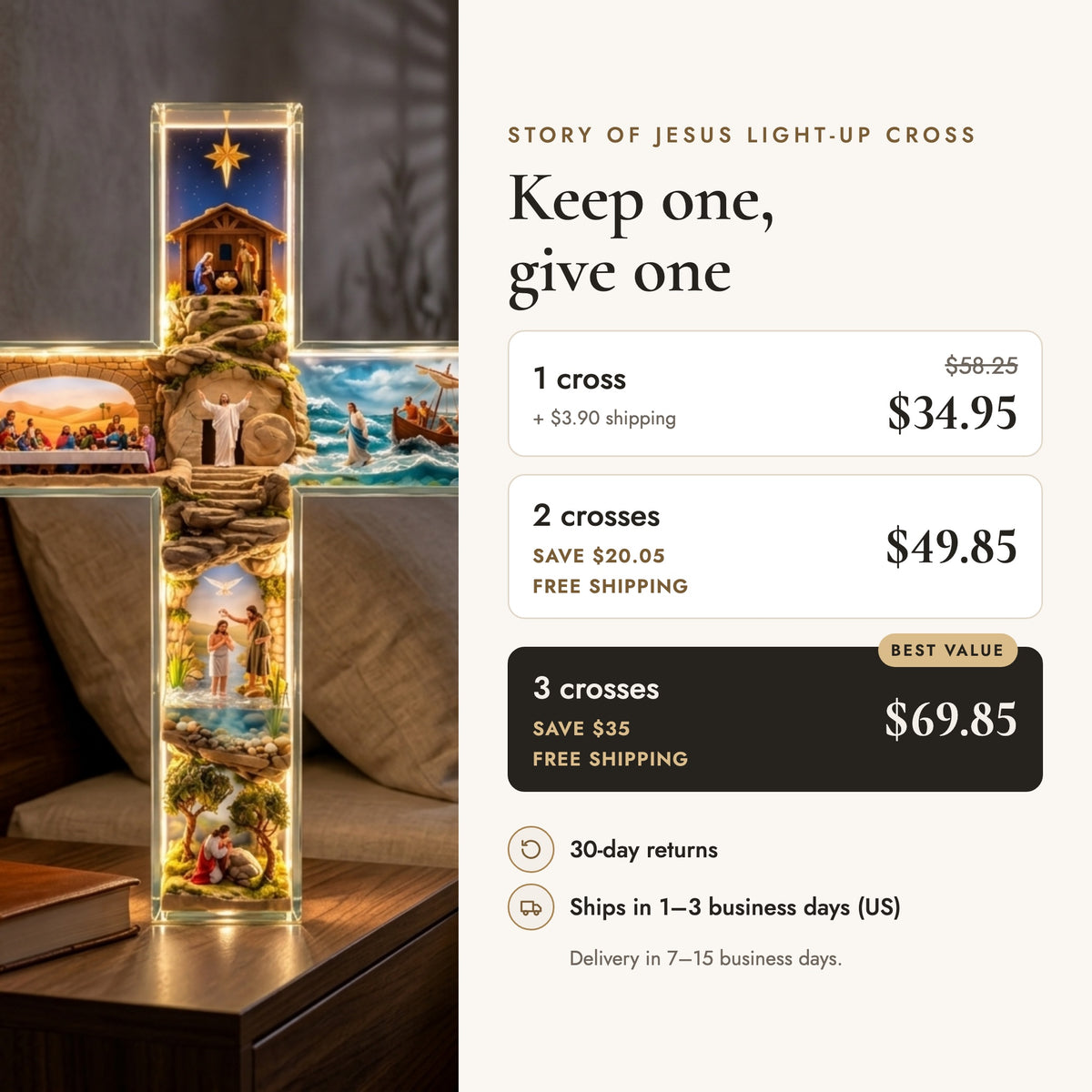 Bundle pricing: 1 cross $34.95, 2 crosses $49.85, 3 crosses $69.85, free shipping on 2- and 3-packs