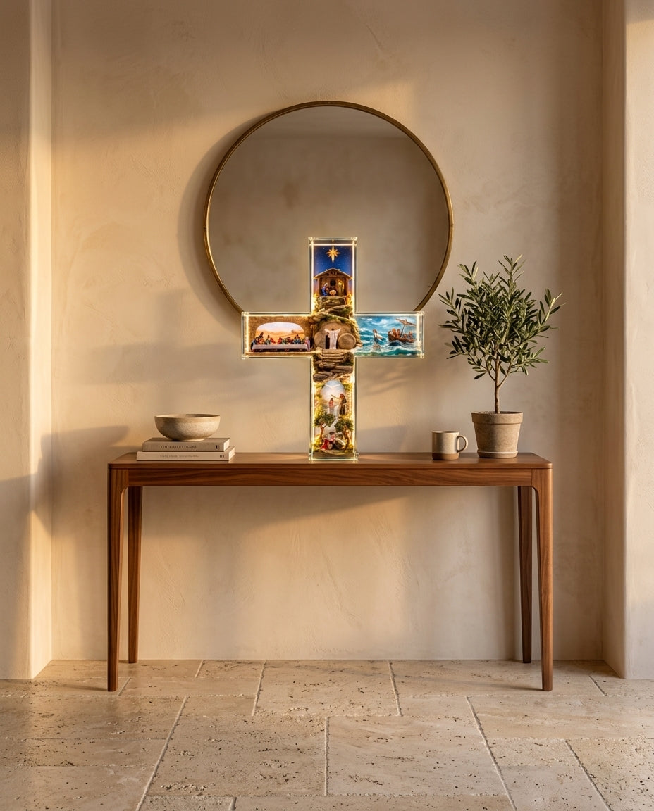 Light-up cross on an entry table