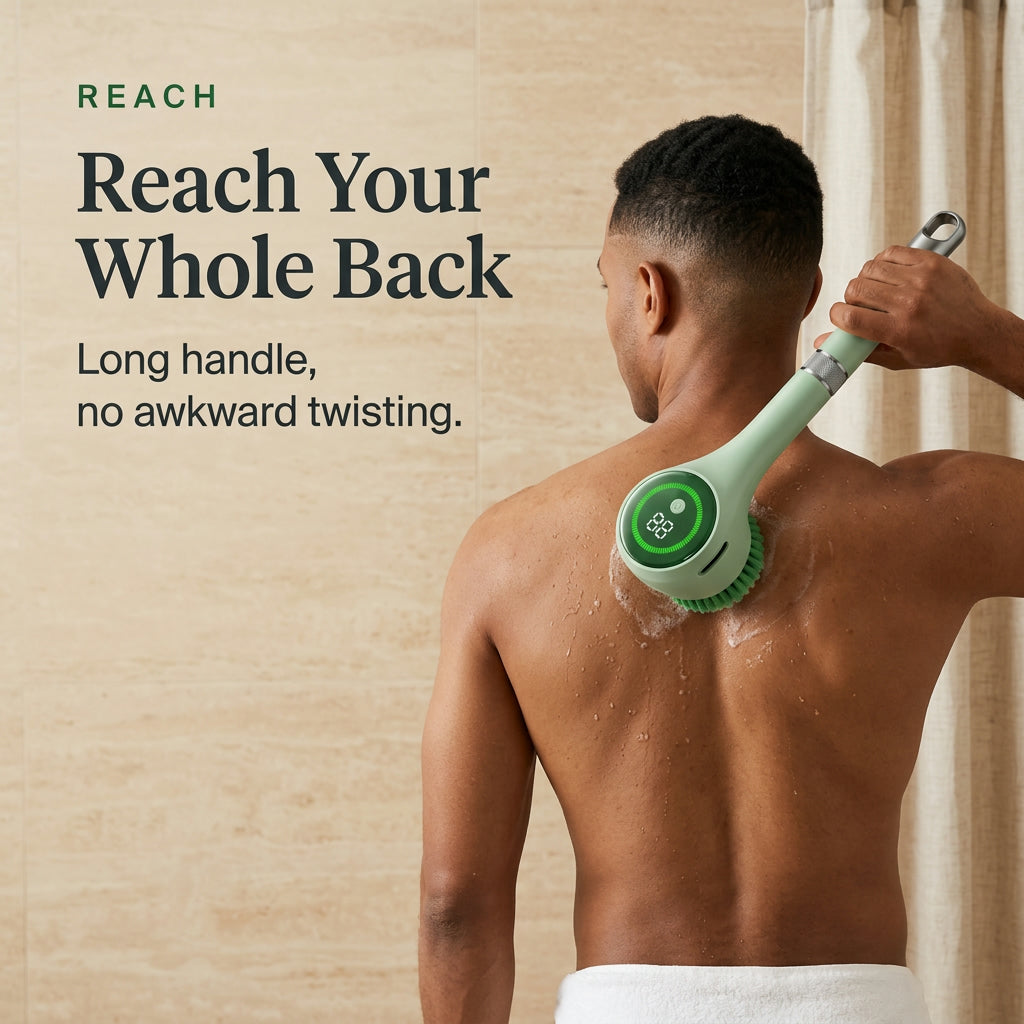 Using the long-handle electric scrubber to wash the middle of the back