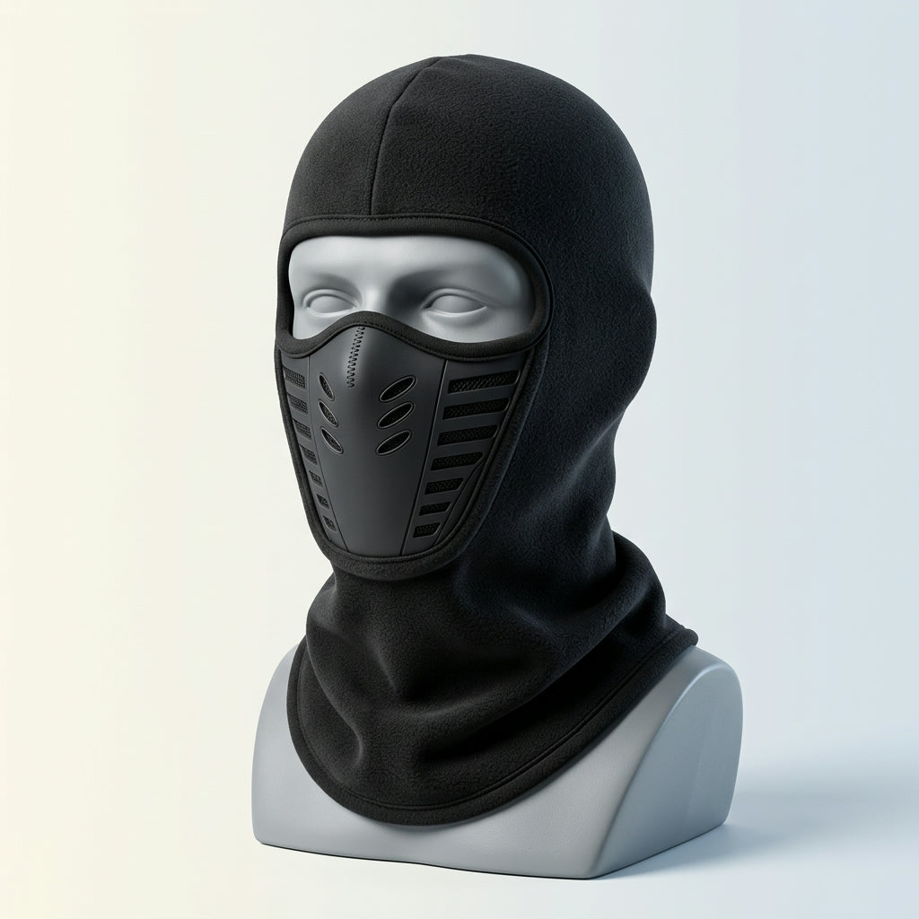 FrostShield Gear vented fleece full-face balaclava ski mask in Classic Black with vented mouth panel and long neck, on a grey display head