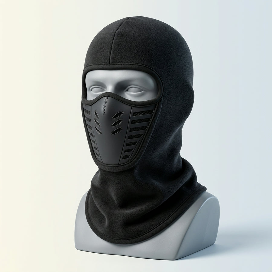 FrostShield Gear vented fleece full-face balaclava ski mask in Classic Black with vented mouth panel and long neck, on a grey display head