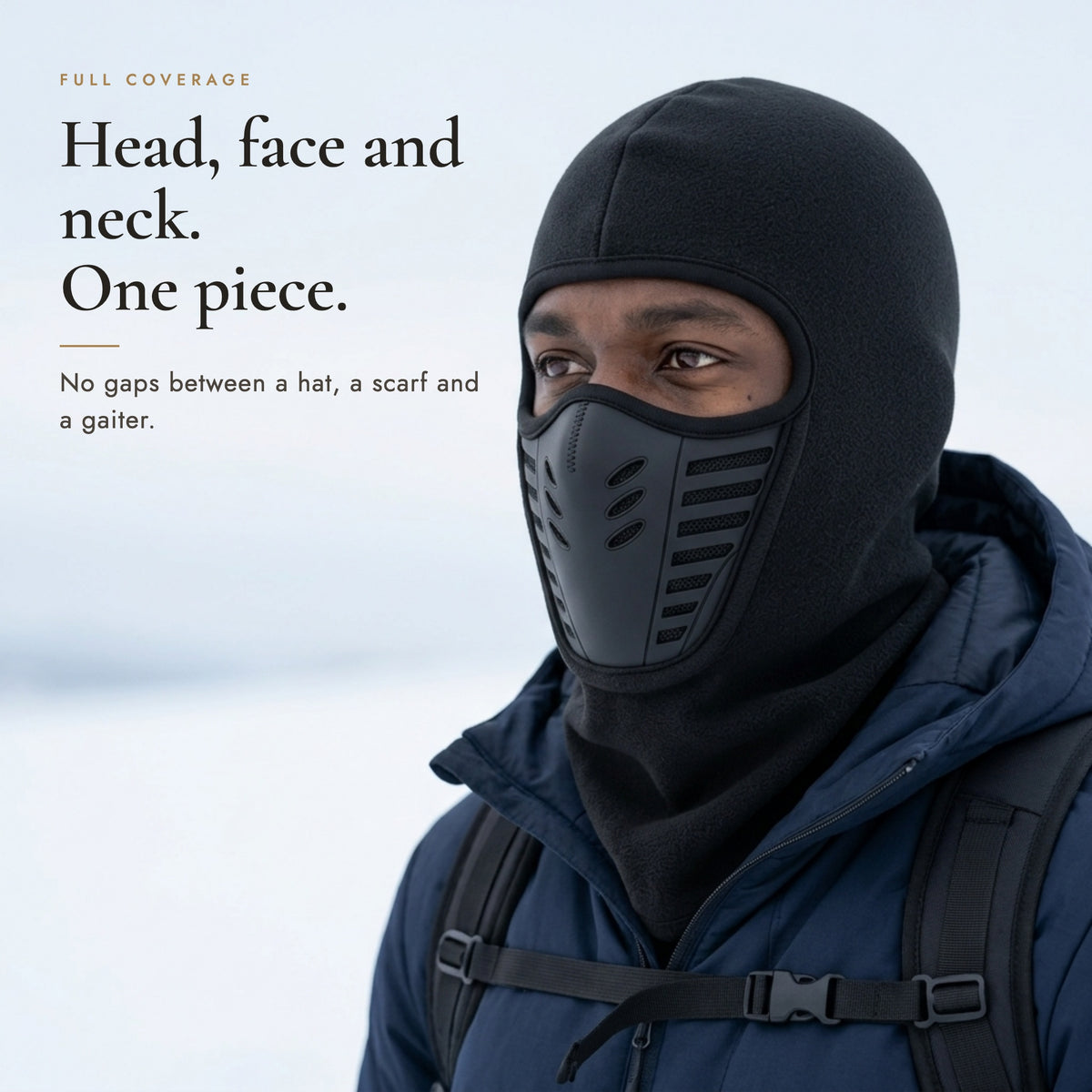 Man wearing the full-face fleece balaclava covering head, face and neck, headline Head, face and neck. One piece.