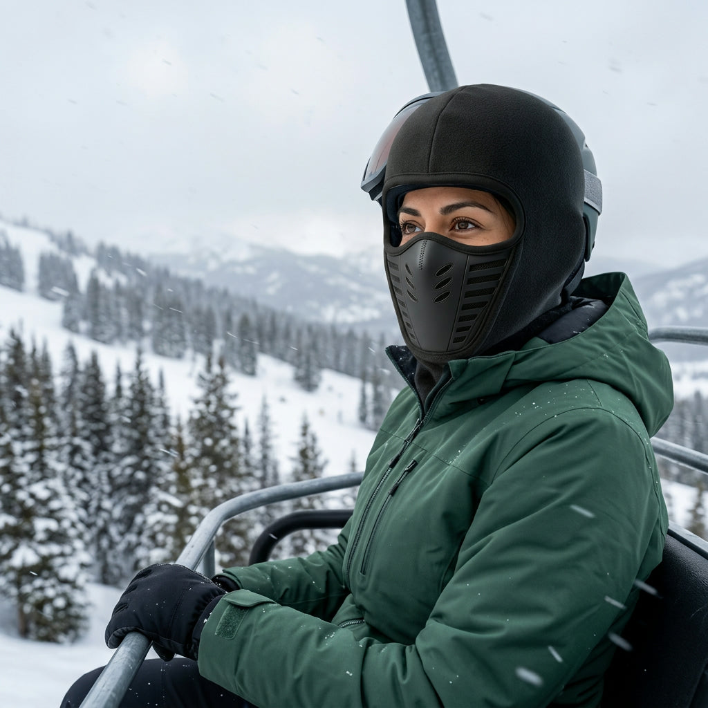 Woman wearing the vented fleece balaclava on a ski chairlift