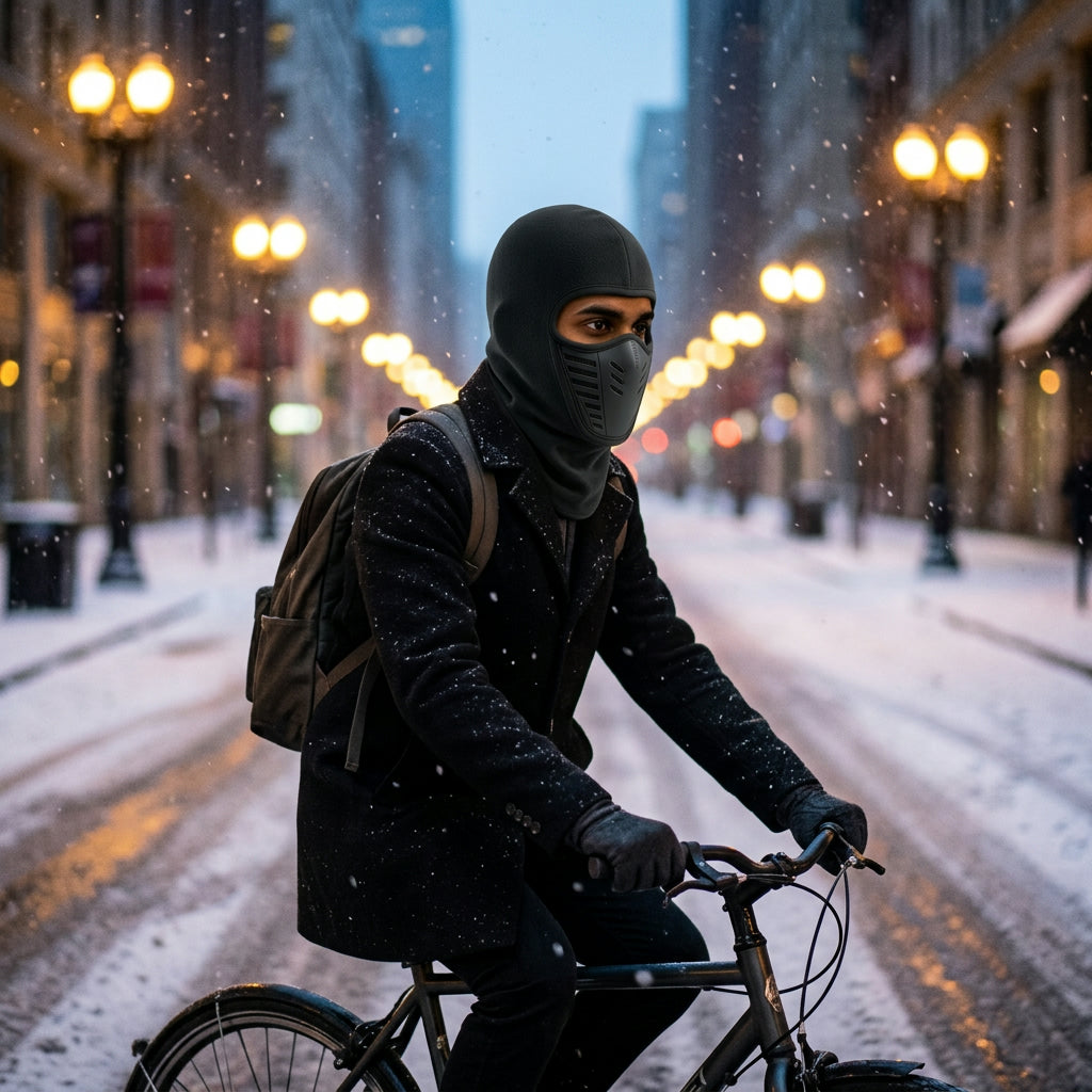 Man riding a bicycle on a snowy city street at dawn wearing the vented balaclava