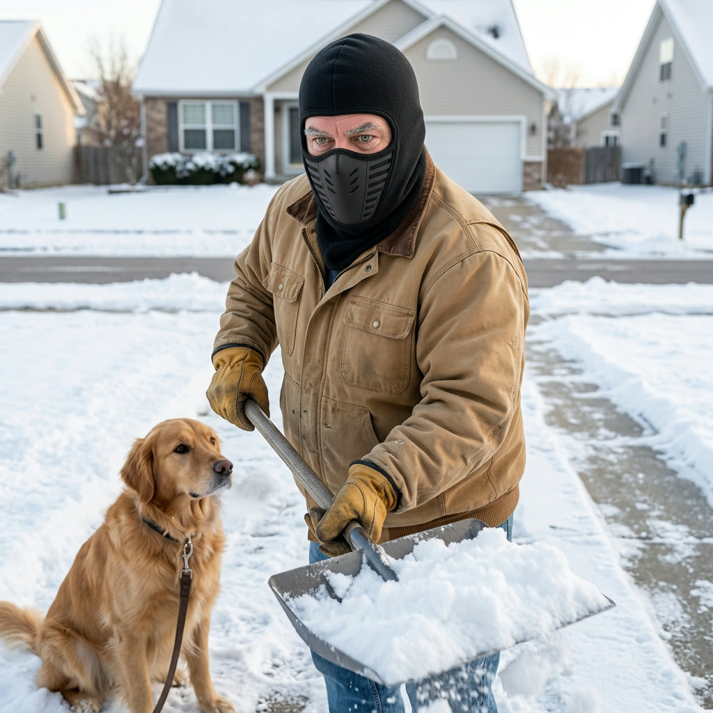 Man shoveling snow on a driveway wearing the vented balaclava, golden retriever beside him