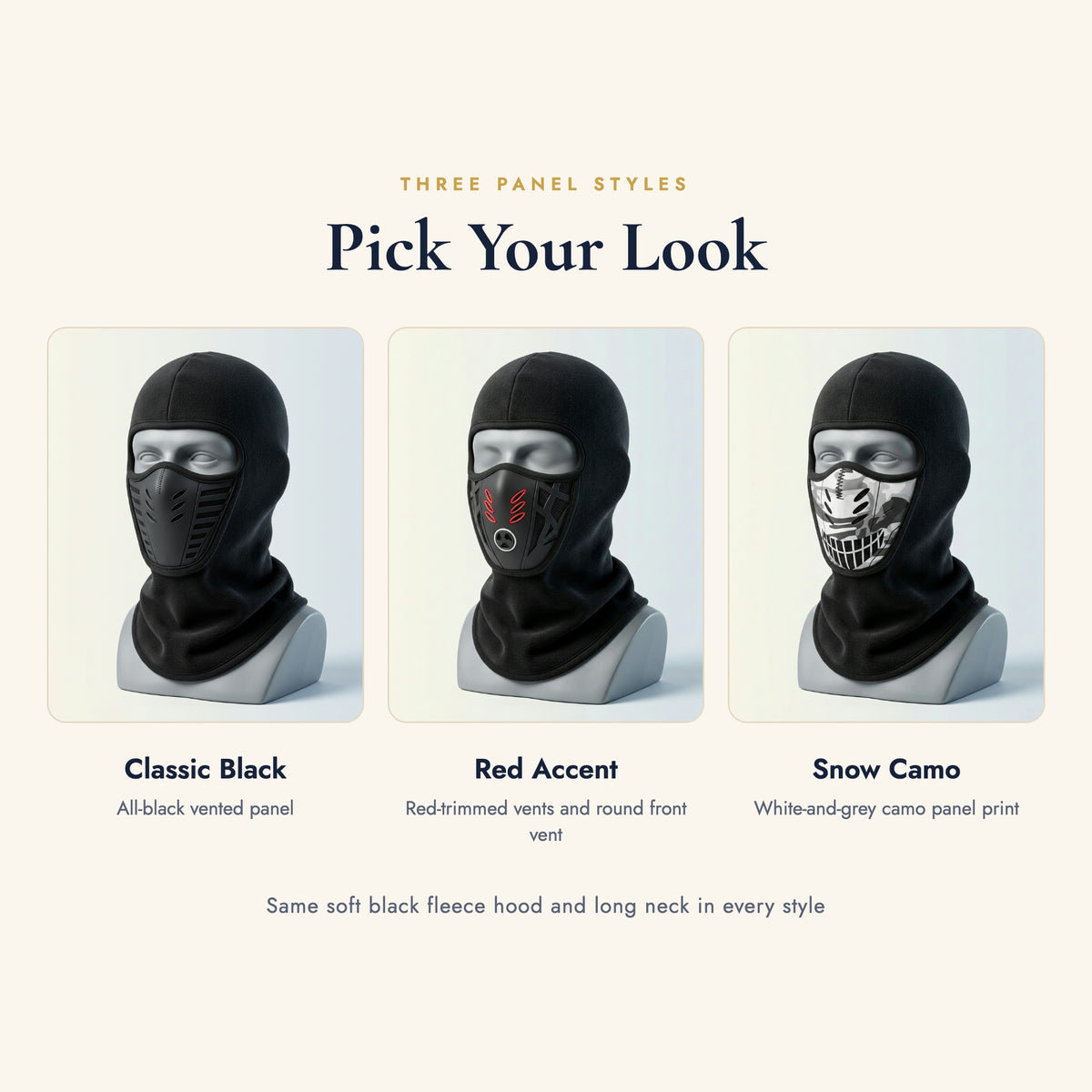 Vented fleece balaclava in three styles: Classic Black, Red Accent and Skull Camo