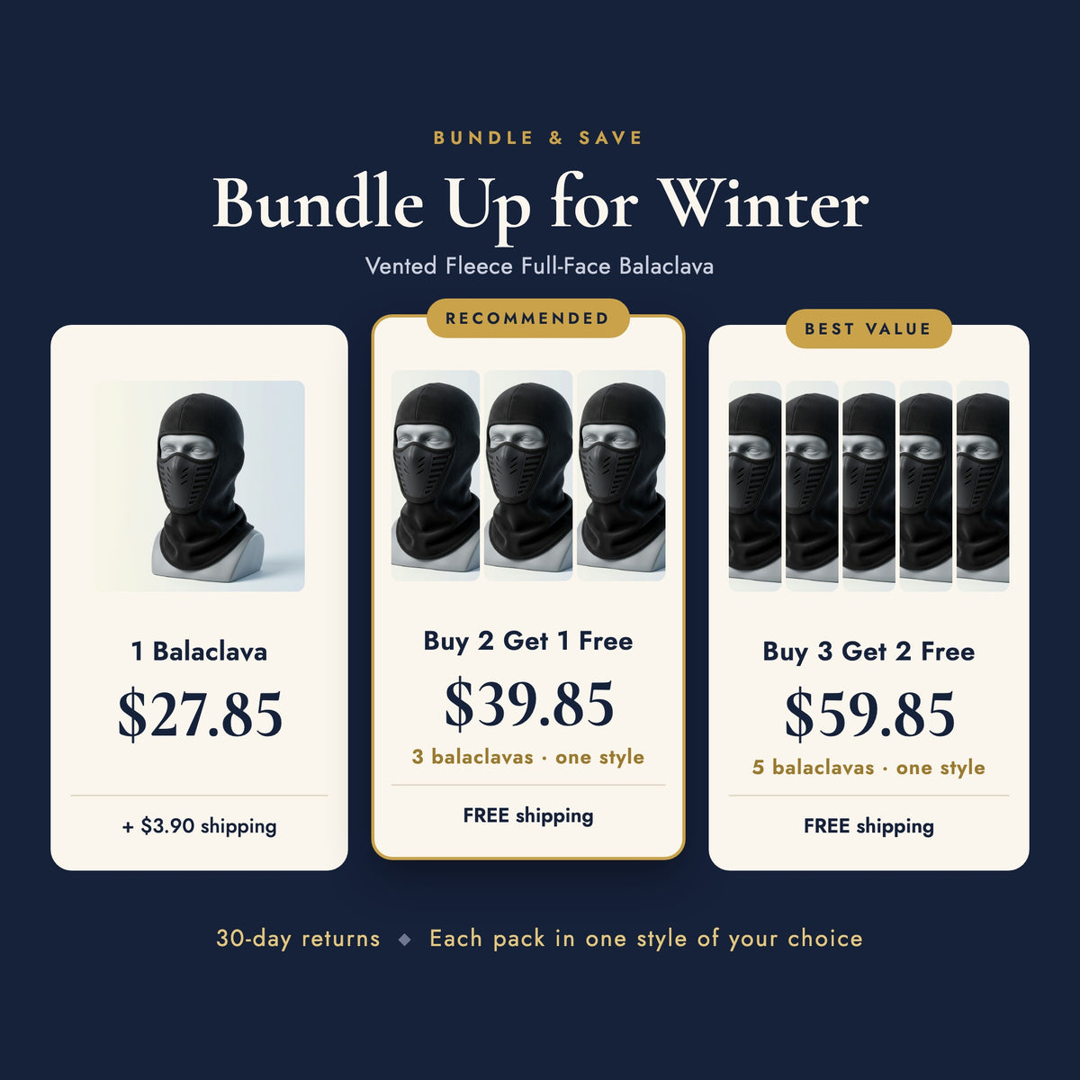 Bundle options: 1 balaclava $27.85 plus shipping, Buy 2 Get 1 Free $39.85 and Buy 3 Get 2 Free $59.85 with free US shipping