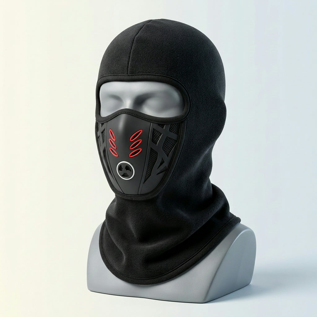 Red Accent vented fleece balaclava with red-trimmed vents on a grey display head