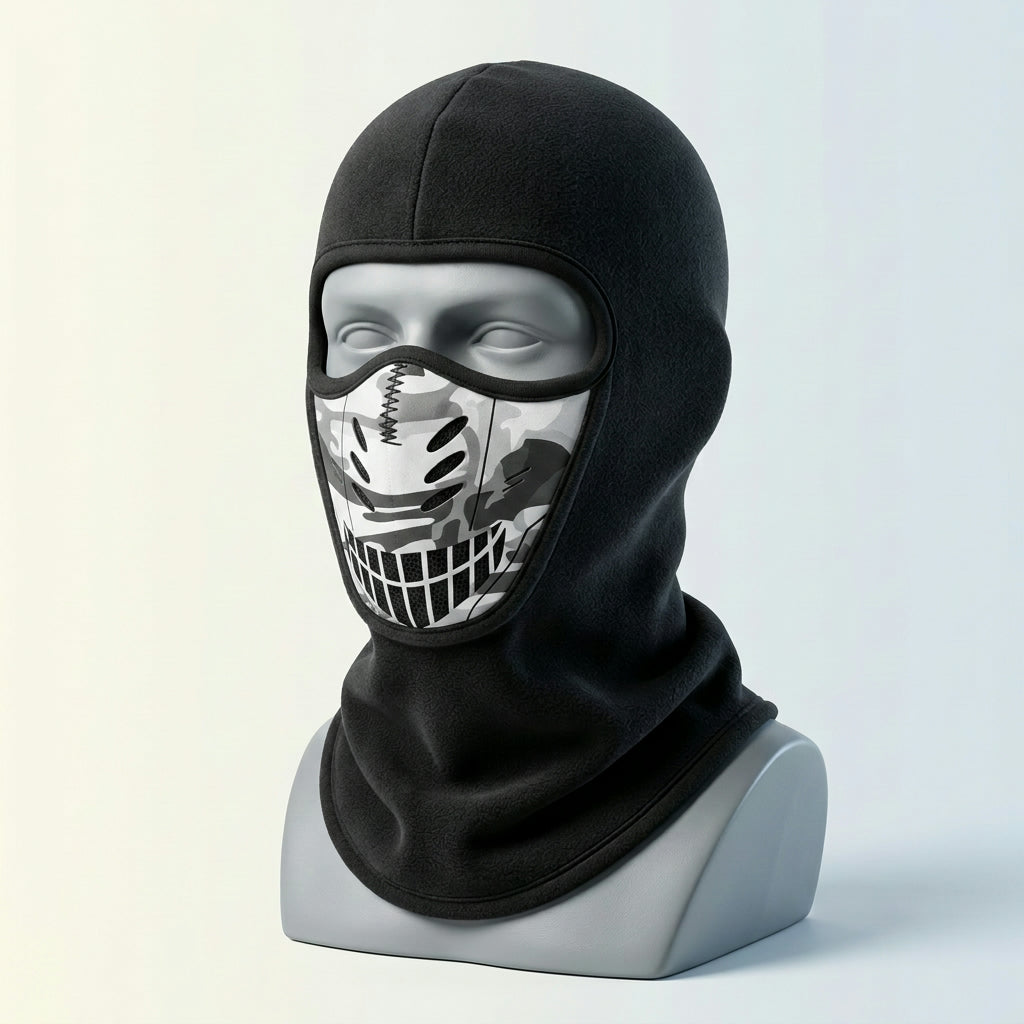 Skull Camo vented fleece balaclava with a white and grey camo skull-face panel on a grey display head