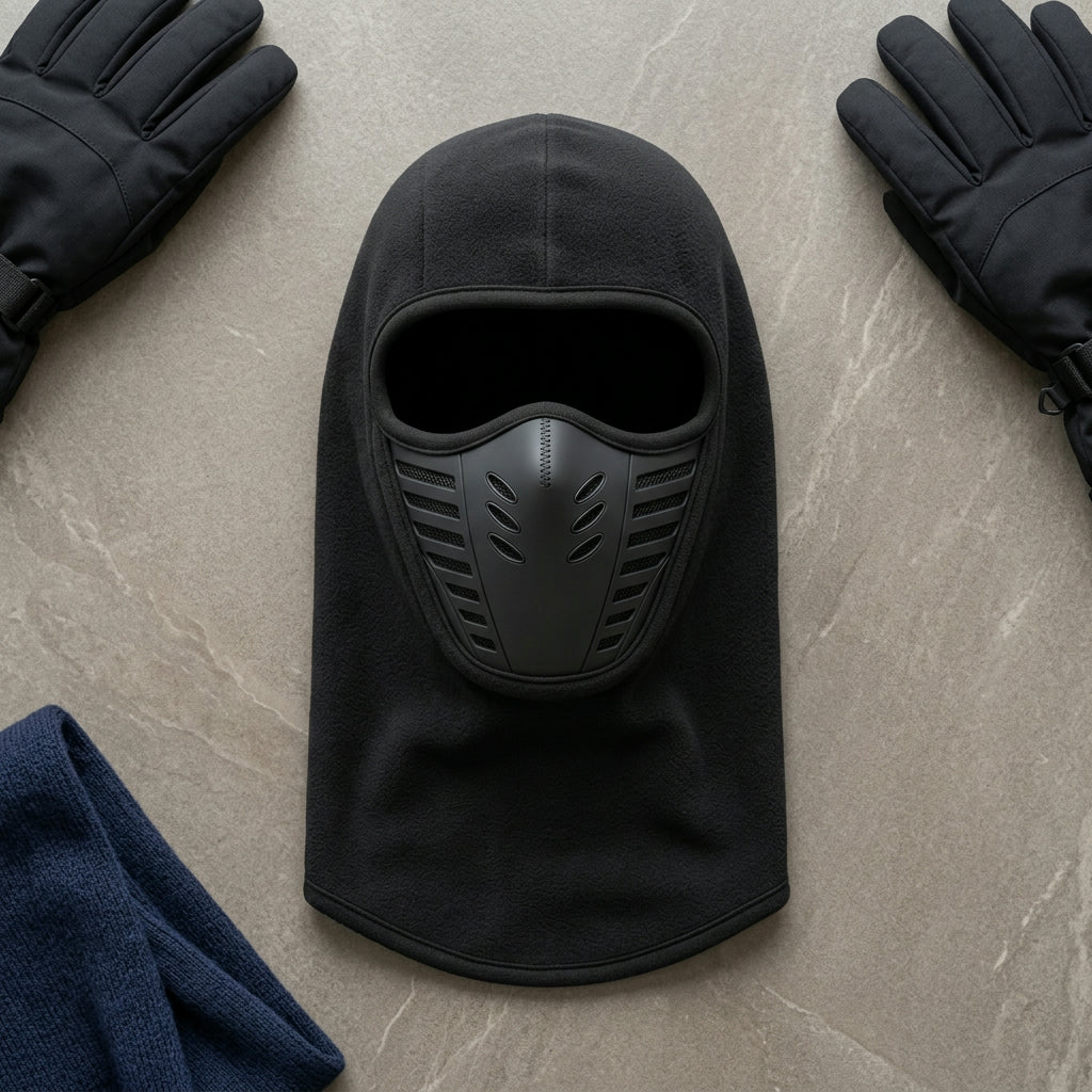 Black vented fleece balaclava ski mask laid flat with ski gloves