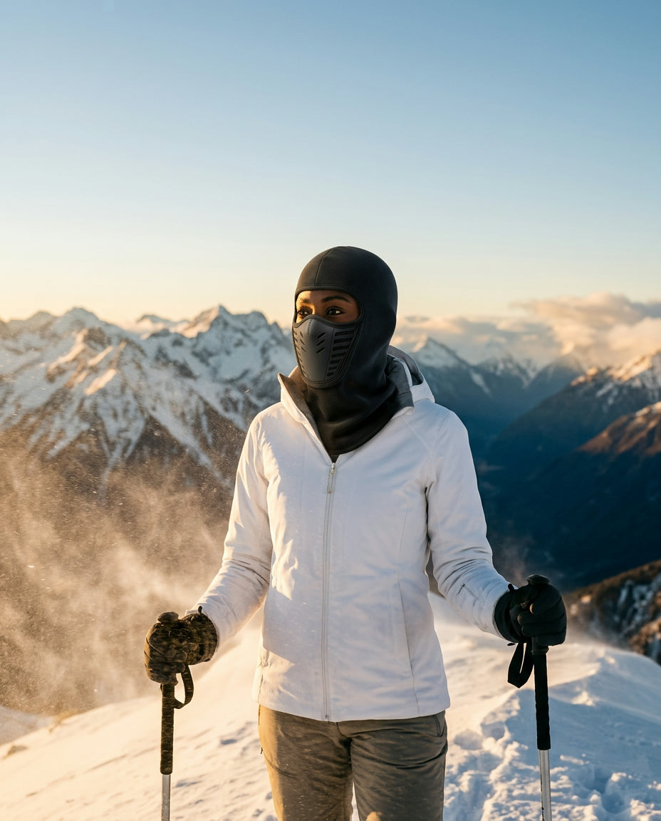 Skier on a mountain ridge at golden hour wearing the vented fleece balaclava